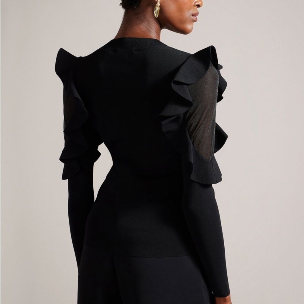 TED BAKER Black Floraas Sheer Shoulders Fitted Knit Top - Picture 3 of 9